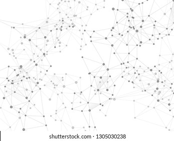 Social media communication digital concept. Network nodes greyscale plexus background. Fractal hub nodes connected by lines. Global social media network space vector. Future perspective backdrop.