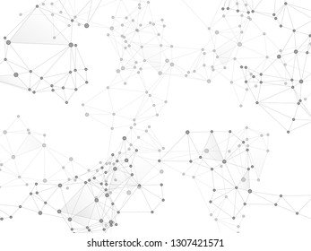 Social media communication digital concept. Network nodes greyscale plexus background. Global social media network space vector. Molecule, atoms or neurons. Fractal hub nodes connected by lines.