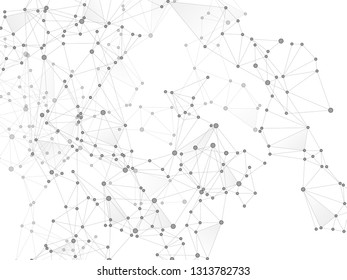 Social media communication digital concept. Network nodes greyscale plexus background. Artificial intelligence plexus. Net grid of node points, lines matrix. Global social media network space vector.