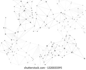 Social media communication digital concept. Network nodes greyscale plexus background. Global social media network space vector. Fractal hub nodes connected by lines. Information technology design.