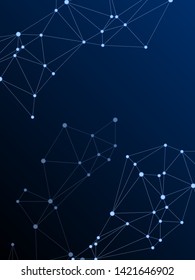 Social media communication digital concept. Network nodes plexus dark blue background. Nodes and lines polygonal connections. Wireframe minimal design. Global social media network space vector.