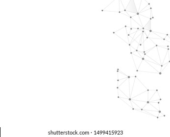 Social media communication digital concept. Network nodes greyscale plexus background. Circle nodes and line elements. Global social media network space vector. Molecular biology backdrop.