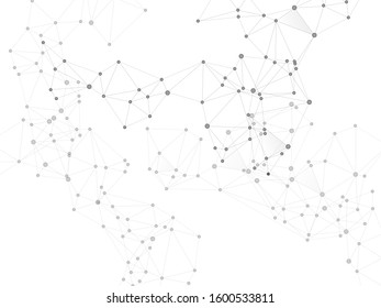 Social media communication digital concept. Network nodes greyscale plexus background. Chemical formula abstraction. Net grid of node points, lines matrix. Global social media network space vector.
