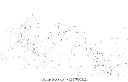 Social media communication digital concept. Network nodes greyscale plexus background. Global social media network space vector. DNA helix strand, molecule. Nodes and lines polygonal connections.