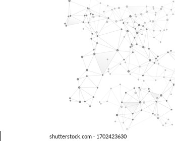 Social media communication digital concept. Network nodes greyscale plexus background. Net grid of node points, lines matrix. Global social media network space vector. Artificial intelligence plexus.