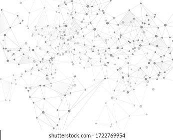 Social media communication digital concept. Network nodes greyscale plexus background. Nodes and lines polygonal connections. Global social media network space vector. Chemical formula abstraction.