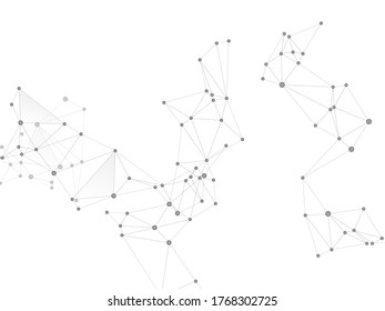 Concepto digital de comunicación en medios sociales. Fondo del plexo de escala de grises de nodos de red. Los nodos puntos apuntan a partículas de líneas. Fondo de biología molecular. Vector espacial de redes sociales globales.