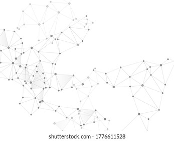 Social media communication digital concept. Network nodes greyscale plexus background. Virtual reality polygin design. Global social media network space vector. Net grid of node points, lines matrix.