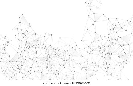 Social media communication digital concept. Network nodes greyscale plexus background. Bionic ai innovations graphics. Circle nodes and line elements. Global social media network space vector.