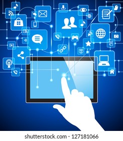 social media, communication in the global computer networks. vector tablet pc with social media icons and hand.     File is saved in AI10 EPS version. This illustration contains a transparency