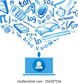 Social media, communication in the global computer networks Watercolor set of different school things. Alphabet with numbers and symbols. 