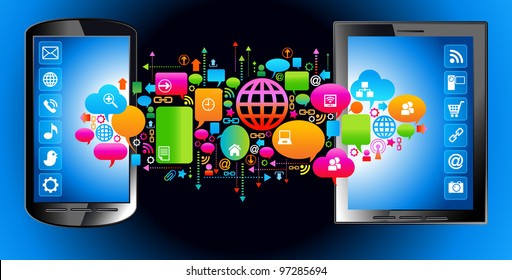 social media, communication in the global computer networks.     File is saved in AI10 EPS version. This illustration contains a transparency