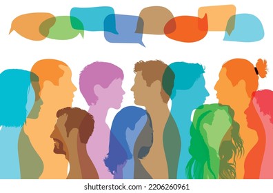 Social media communication with group of people in profile. Vector cartoon talking. Communication concept with crowd and speech bubbles.