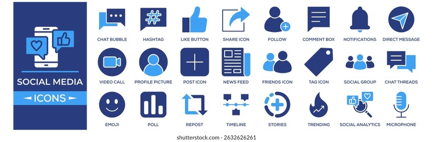 Social Media and Communication icon set. Containing design Chat Bubble, Hashtag, Like Button, Share Icon, Follow. Solid icon collection.