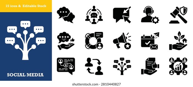 Social media communication icon set with chat and support. Modern flat vector illustrations for web design, customer service, and community interaction concepts.
