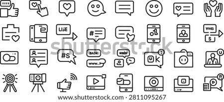 Social Media Communication Icons Set with Hearts, Likes, Comments, Shares, and Messaging Symbols in Outline Style
