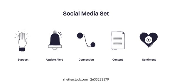 Social media communication icons showing support, alerts, connection, content, and sentiment in a playful, hand-drawn style. Doodle style icons