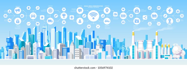 Social Media Communication Internet Network Connection City Skyscraper View Cityscape Background Vector Illustration 
