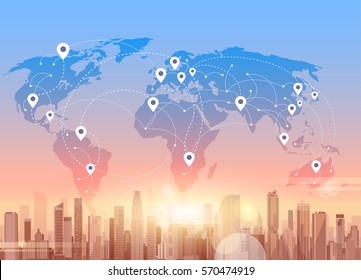 Social Media Communication Internet Network Connection City Skyscraper View World Map Background Vector Illustration