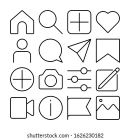 Social Media, Communication line icons set vector illustration. It contains such an icon as home, camera, comment, like, follow, camera, heart, like, user story. Pixel perfect. Editable Stroke.