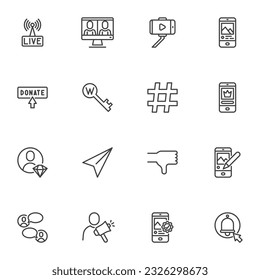 Social media and Communication line icons set, outline vector symbol collection, linear style pictogram pack. Signs, logo illustration. Set includes icons as live stream, keyword, hashtag, video blog
