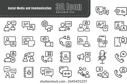 conjunto de ícones de mídia social e linha de comunicação. Thin outline Editable Traço. logotipo de rede social em redondo, quadrado, círculo, estilo de contorno. mais recente vetor coleção editorial. ilustração vetorial eps fi