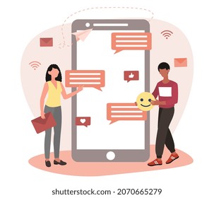 Social media communication. Man and woman stand next to smartphone and send messages to each other. Dialogue with friends remotely. Characters receive notification. Cartoon flat vector illustration