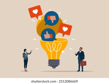 Social media communication. Open lightbulb to see Social media positive and negative feedback vision. Flat vector illustration.