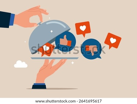 Social media communication. Open silver cloche to see Social media positive and negative feedback vision. Food serving. Flat vector illustration.