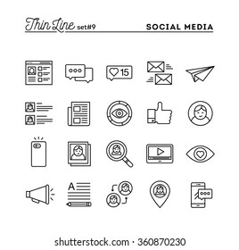 Social Media, Communication, Personal Profile, Online Posting And More, Thin Line Icons Set, Vector Illustration