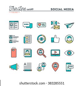 Social Media, Communication, Personal Profile, Online Posting And More, Thin Line Color Icons Set, Vector Illustration
