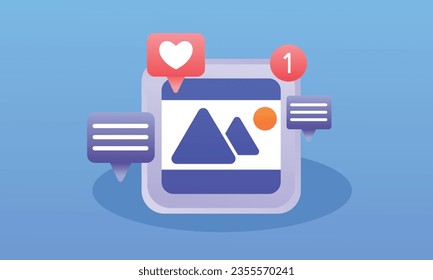 Social Media Communication Platform Concept photo frame with love icon.on blue background.Vector Design Illustration.