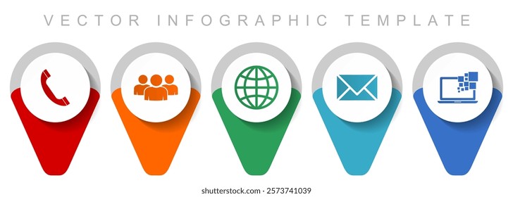 Social media and communication pointer collection, miscellaneous icons such as people, globe, phone, e-mail and notebook, flat design vector infographic template in eps 10