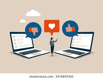 Social media communication. Social media positive and negative feedback. Flat vector illustration.