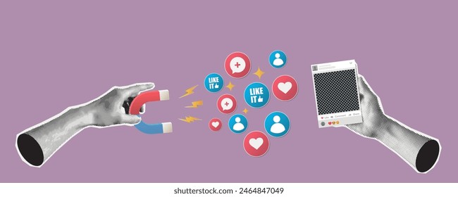 Social media communication. Red Horseshoe Magnet with emoticon. Marketing time. Influence and popularity. Modern grunge cut out elements. Popularity, feedback, influence