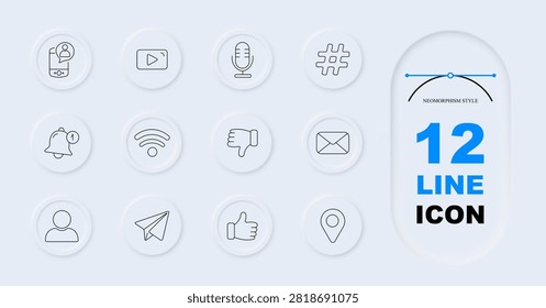 Social media communication set icon. Neomorphism collection with profile accounts, video playback, microphones, notifications, wireless connection, messaging, navigation graphics