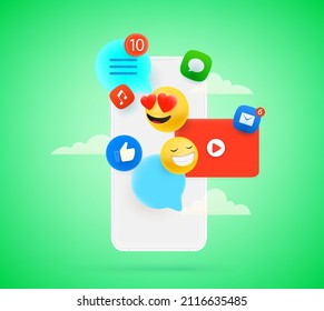 Social media communication via smartphone. Vector concept with speech bubbles and emoticons