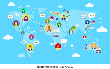 Social Media Communication World Map Concept Internet Network Connection People Flat Vector Illustration