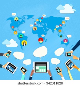 Social Media Communication World Map Concept Internet Network Connection People Flat Vector Illustration