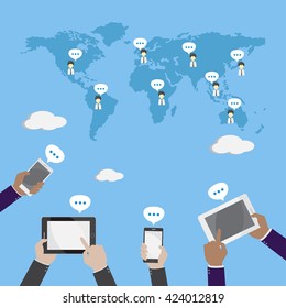 Social Media Communication World Map Concept Internet Network Connection People Flat Vector Illustration.