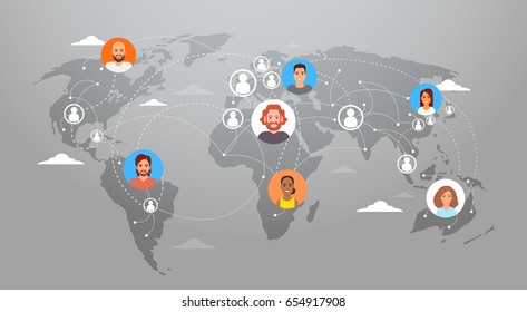 Social Media Communication World Map Concept Internet Network Connection People Flat Vector Illustration