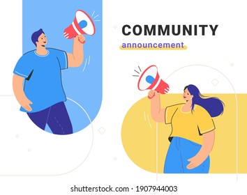 Social media community announcement and internet marketing loudspeaker promotion. Flat line vector illustration of cute couple standing and shouting with red megaphone. Customer notification and alert