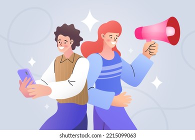 Social media community announcement on loudspeaker. woman going out of a smartphone and shouting with megaphone to invite new users and subscribers. follow us and like us concept. Trendy style vector.