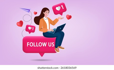 Social media community announcement on loudspeaker. woman going out of a smartphone and shouting with megaphone to invite new users and subscribers. follow us and like us concept. Trendy style vector.