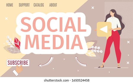 Social Media Company or Service, Digital Marketing Company, Blogger Web Banner, Landing Page Template. Woman Blogger or Streamer, Social Network User, Businesswoman Trendy Flat Vector Illustration
