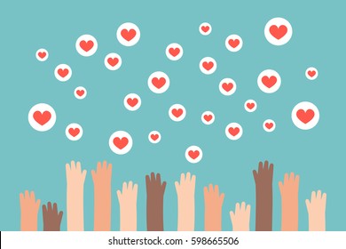 Social Media Competition. Raised Hands Trying To Catch Flying Heart Signs. Flat Editable Vector Illustration, Clip Art