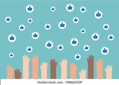 Social Media Competition. Raised Hands Trying To Catch Flying Like Signs. Flat Editable Vector Illustration, Clip Art