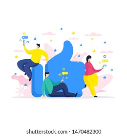 Social media composition concept. Vector characters with smartphone get many notifications with likes. Social media addiction. Vector illustration with thumbs-up symbol.