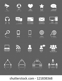 social media and computer communication web icons set with reflection on dark background