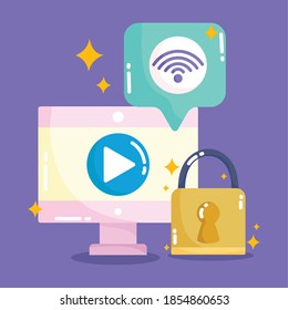 medios sociales, seguridad de internet de contenido informático en ilustración vectorial estilo caricatura